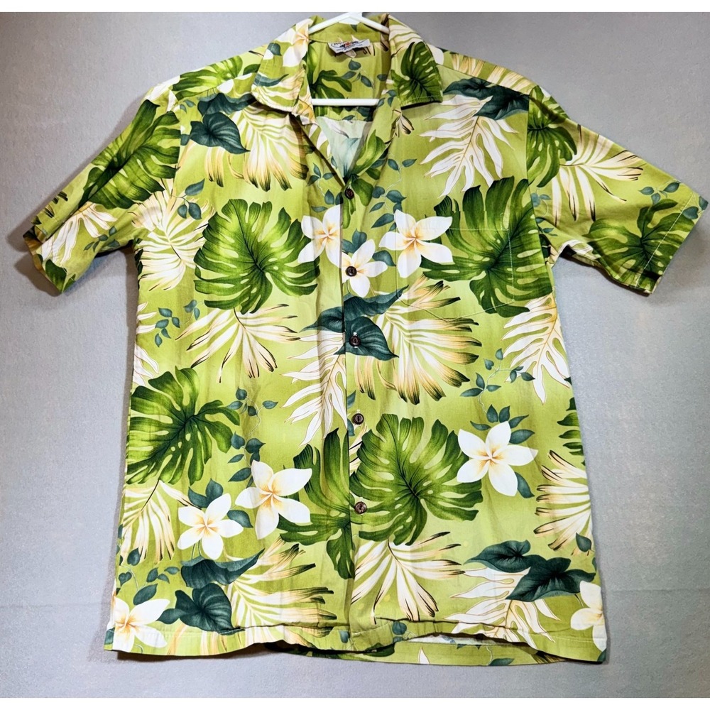 Pacific Legend Hawaiian Shirt Mens Medium Green Monstera Plumeria Aloha Hawaii‎